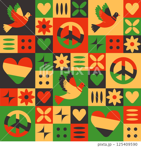 Pattern with doves, peace signs in African colors 125409590