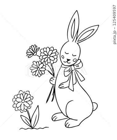 Bunny with a bow holding flowers Bunny with a bow holding flowers 125409597