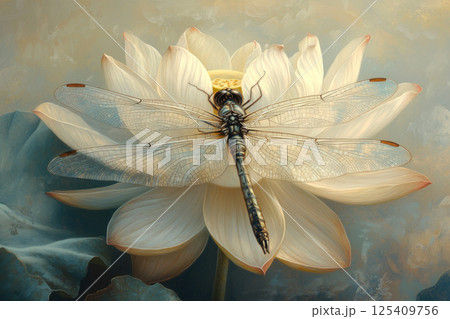 Delicate dragonfly flying above a blooming water lily. Soft brushstrokes highlight the elegance and peaceful serenity of nature harmony 125409756