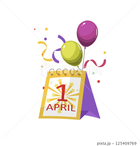 Fools day holiday in flat design. First april at calendar with balloons. Vector illustration isolated. 125409769
