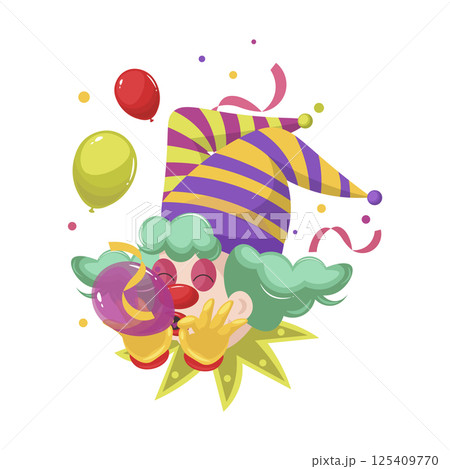 Fools day holiday clown in flat design. Circus comedian head blowing balloons. Vector illustration isolated. 125409770