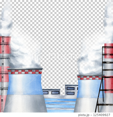 Heavy industry factory, Smoke stack with steam watercolor isolated on white. For social issues poster about air pollution with plant pipes. For International Day of Clean Air, climate change designs 125409927