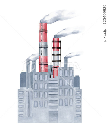 Smoke stacks against the backdrop of grey multi-storey buildings, toxic steam polluting the city. Watercolor illustration isolated on white. Pollution air concept, international Climate Day, poster Smoke stacks against the backdrop of grey multi-storey buildings, toxic steam polluting the city. Watercolor illustration isolated on white. Pollution air concept, international Climate Day, poster 125409929
