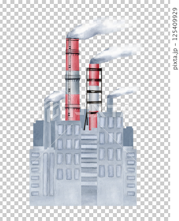 Smoke stacks against the backdrop of grey multi-storey buildings, toxic steam polluting the city. Watercolor illustration isolated on white. Pollution air concept, international Climate Day, poster Smoke stacks against the backdrop of grey multi-storey buildings, toxic steam polluting the city. Watercolor illustration isolated on white. Pollution air concept, international Climate Day, poster 125409929