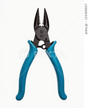 This image shows a pair of professional-grade pliers with black serrated jaws and bright blue handles. The pliers feature a sleek design with a pivot point in the center, allowing for gripping. 125409937