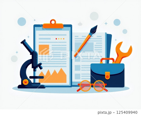 This illustration depicts various elements related to scientific research and education. The central focus is a clipboard with a document, accompanied by an open book.  125409940