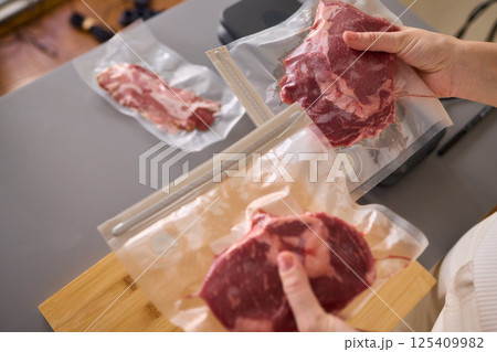 Sealing Fresh Meat for Preservation Using a Vacuum Sealer for Longer Lasting Freshness 125409982