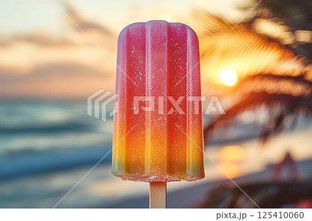 Popsicle with rainbow colors on a long stick on a summer background. Summer fun. Retro style. Popsicle with rainbow colors on a long stick on a summer background. Summer fun. Retro style. 125410060