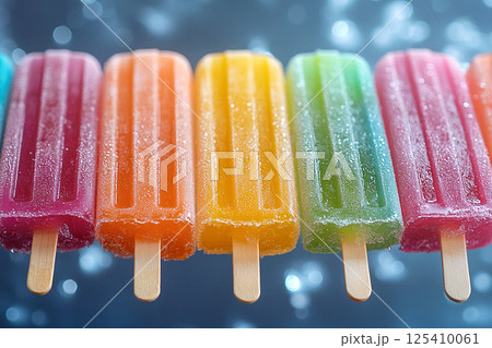 Popsicle with rainbow colors on a long stick on a summer background. Summer fun. Retro style. Popsicle with rainbow colors on a long stick on a summer background. Summer fun. Retro style. 125410061