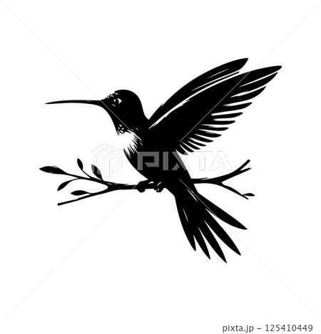 Hummingbird silhouette vector art illustration perched on a branch, showcasing elegance and nature. A captivating silhouette of a hummingbird in flight, poised on a branch adorned with leaves. 125410449