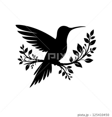 Hummingbird silhouette vector art illustration perched on a branch, showcasing elegance and nature. A captivating silhouette of a hummingbird in flight, poised on a branch adorned with leaves. 125410450