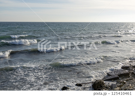 View of a stormy seascape of waves and the Black Sea View of a stormy seascape of waves and the Black Sea 125410461