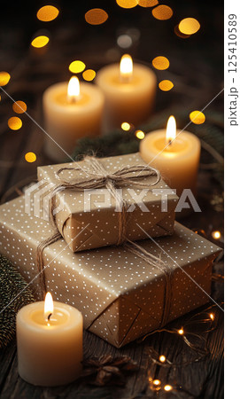 Romantic christmas still life with wrapped gifts, candles and a warm, inviting light. 125410589