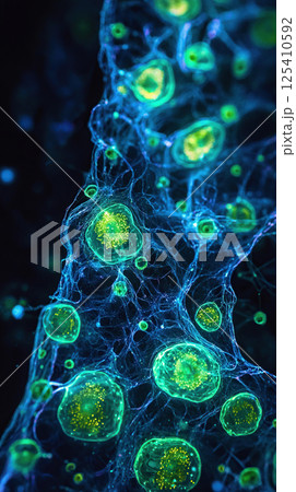 Intricate artwork showcasing a network of glowing cells in vibrant shades of blue and green. Intricate artwork showcasing a network of glowing cells in vibrant shades of blue and green. 125410592