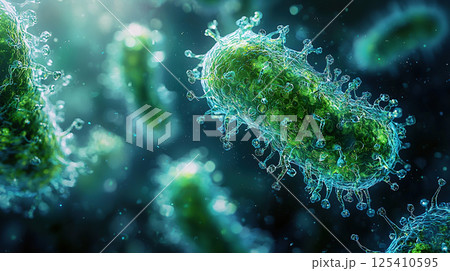 An extremely detailed, close-up 3d render of a virus, highlighting its intricate structure. 125410595