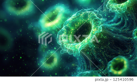 Abstract illustration of glowing green cellular structures with a deep and ethereal atmosphere. 125410596
