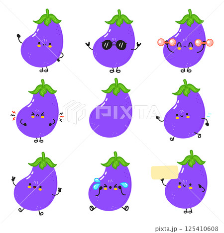 Delightful cartoon Eggplants showcasing various emotions, perfect for fun and expressive designs. Delightful cartoon Eggplants showcasing various emotions, perfect for fun and expressive designs. 125410608