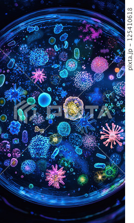 Colorful microscopic world, revealing various bacteria and microorganisms in a vivid display of shapes. 125410618