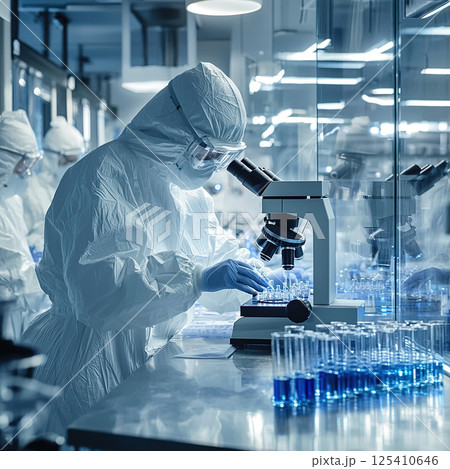 A researcher in protective gear uses a microscope to study samples in a modern laboratory setting. 125410646