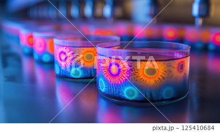 Vibrant neon flower designs glow within clear glasses, creating a colorful and artistic display. 125410684