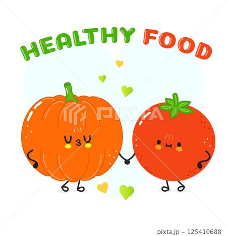 Cute cartoon characters of Pumpkin and Tomato holding hands to promote healthy food options. 125410688