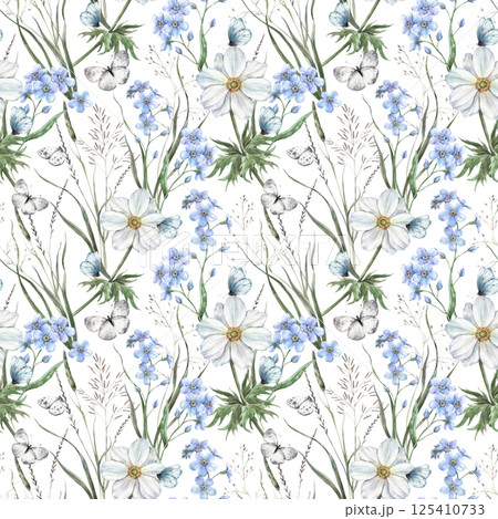 Wild flowers and grass, blue forget-me-nots, white anemones and butterflies. Watercolor botanical seamless pattern on white background. For branding and packaging, flower shops, weddings, eco-products Wild flowers and grass, blue forget-me-nots, white anemones and butterflies. Watercolor botanical seamless pattern on white background. For branding and packaging, flower shops, weddings, eco-products 125410733