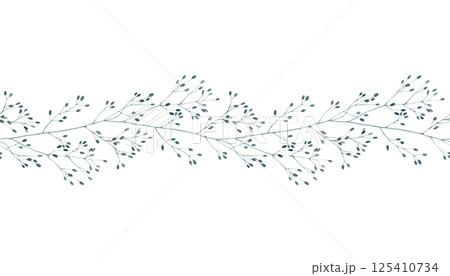 Field and dry grass blades in blue. Spring botanical watercolor seamless border on isolated background, suitable for eco branding, packaging, wedding design, cards, banners, flower shops. 125410734
