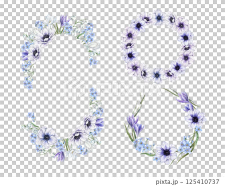 Blue forget-me-nots, white and purple crocuses, anemones, green and dry grass blades. Watercolor set of oval frame and round wreaths, for wedding invitations, greeting cards, branding, packaging. 125410737