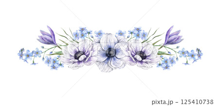 Anemones, purple crocus, blue forget-me-nots and green leaves. Watercolor botanical bouquet on isolated background, suitable for greeting cards, wedding invitations, branding, packaging, spring design Anemones, purple crocus, blue forget-me-nots and green leaves. Watercolor botanical bouquet on isolated background, suitable for greeting cards, wedding invitations, branding, packaging, spring design 125410738