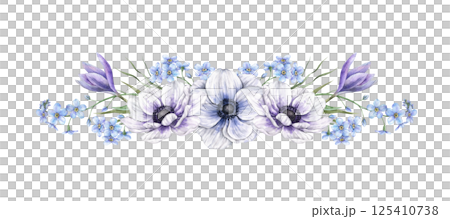 Anemones, purple crocus, blue forget-me-nots and green leaves. Watercolor botanical bouquet on isolated background, suitable for greeting cards, wedding invitations, branding, packaging, spring design Anemones, purple crocus, blue forget-me-nots and green leaves. Watercolor botanical bouquet on isolated background, suitable for greeting cards, wedding invitations, branding, packaging, spring design 125410738