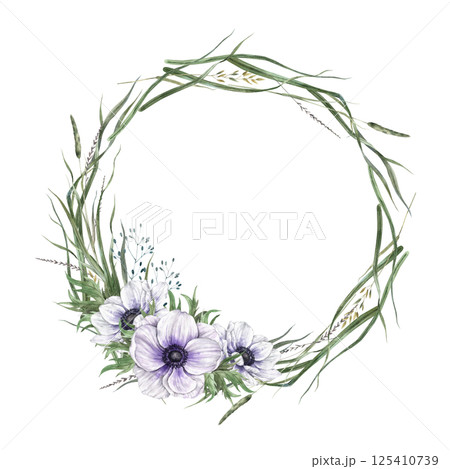 Floral wreath of soft purple anemones, green meadow grasses, dried flowers. Watercolor botanical spring illustration is perfect for eco-branding, cards, wedding design, botanical projects, floristry. Floral wreath of soft purple anemones, green meadow grasses, dried flowers. Watercolor botanical spring illustration is perfect for eco-branding, cards, wedding design, botanical projects, floristry. 125410739