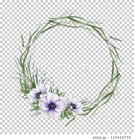 Floral wreath of soft purple anemones, green meadow grasses, dried flowers. Watercolor botanical spring illustration is perfect for eco-branding, cards, wedding design, botanical projects, floristry. Floral wreath of soft purple anemones, green meadow grasses, dried flowers. Watercolor botanical spring illustration is perfect for eco-branding, cards, wedding design, botanical projects, floristry. 125410739