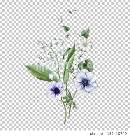 Purple anemones, white lilies, green leaves, morning glory and butterfly. Watercolor botanical bouquet suitable for greeting cards, wedding invitations, branding, packaging and spring designs. Purple anemones, white lilies, green leaves, morning glory and butterfly. Watercolor botanical bouquet suitable for greeting cards, wedding invitations, branding, packaging and spring designs. 125410740