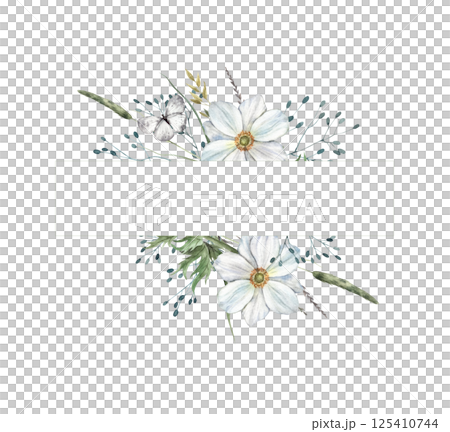 Delicate white anemones, wild herbs and dried plants, grey butterfly. Watercolor frame with light rectangular outline, suitable for wedding invitations, greeting cards, branding, floral packaging. Delicate white anemones, wild herbs and dried plants, grey butterfly. Watercolor frame with light rectangular outline, suitable for wedding invitations, greeting cards, branding, floral packaging. 125410744