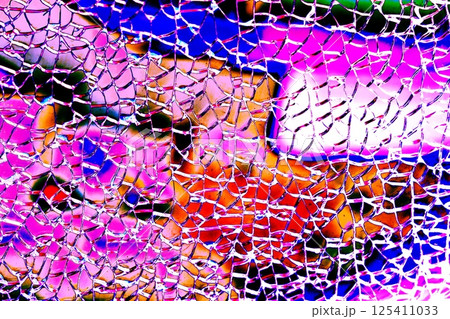 Broken tempered glass. Glass web of cracks. Changed color scheme. Colorful background. Broken tempered glass. Glass web of cracks. Changed color scheme. Colorful background. 125411033