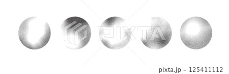 Grain noise dot sphere with gradient spray pattern background vector. Abstract brush round dissolve effect with grainy sand and ink. Sun white black stipple planet fade with halftone shadow ring. 125411112