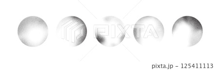 Grain noise dot gradient with sphere pattern spray and sun brush. Background dissolve halftone abstract vector with round frame and ring. Grainy sand ink effect with stipple eclipse and particle point 125411113