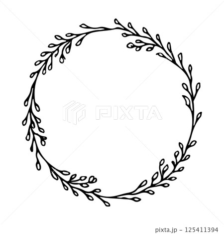 Hand painted wreath made from natural leafy branches. Perfect for wedding stationery, nature themed branding, invitations and seasonal projects. 125411394