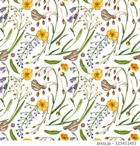 Seamless watercolor pattern. Spring meadow flowers, purple bells, buttercups, timothy grass, green leaves, bird figure. Suitable for printing on fabric, paper, for stationery. Seamless watercolor pattern. Spring meadow flowers, purple bells, buttercups, timothy grass, green leaves, bird figure. Suitable for printing on fabric, paper, for stationery. 125411401