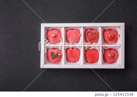 Delicious sweet mochi in the shape of red hearts 125411536