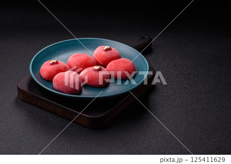 Delicious sweet mochi in the shape of red hearts Delicious sweet mochi in the shape of red hearts 125411629