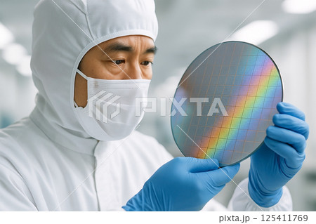 シリコンウェハーを検査するクリーンルームの技術者 125411769