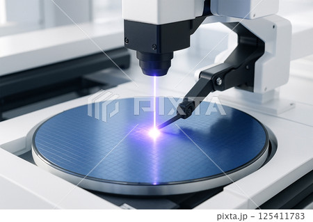 バイオレットレーザーが照射されるウェハーと無人加工装置 125411783