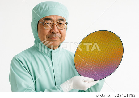 黄色と紫に輝くウェハーを持つ熟練の日本人男性技術者 125411785