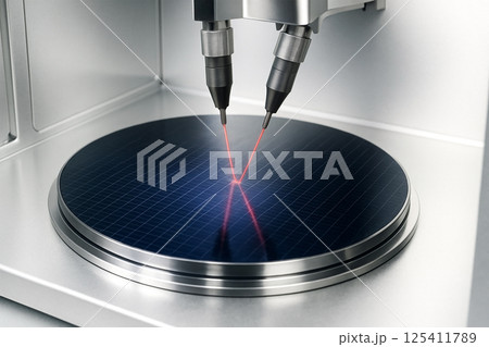 黒いウェハーを精密検査するレーザー測定装置と銀色の環境 黒いウェハーを精密検査するレーザー測定装置と銀色の環境 125411789