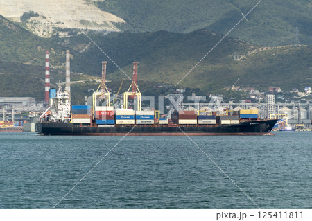 Novorossiysk, Russia 08.18.2024 large sea vessel sailing cargo transportation Black Sea, port, Krasnodar Territory, Novorossiysk 125411811