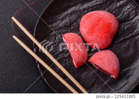 Delicious sweet mochi in the shape of red hearts Delicious sweet mochi in the shape of red hearts 125411905