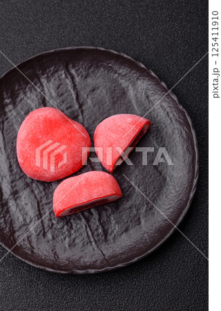 Delicious sweet mochi in the shape of red hearts Delicious sweet mochi in the shape of red hearts 125411910