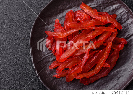 Dried chicken slices, jerky, with cherry or plum flavor, salt and spices 125412114