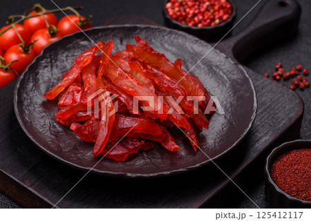 Dried chicken slices, jerky, with cherry or plum flavor, salt and spices Dried chicken slices, jerky, with cherry or plum flavor, salt and spices 125412117